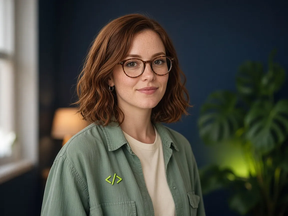Laura, an AI-generated persona with a copper bob and round glasses, in her navy home studio