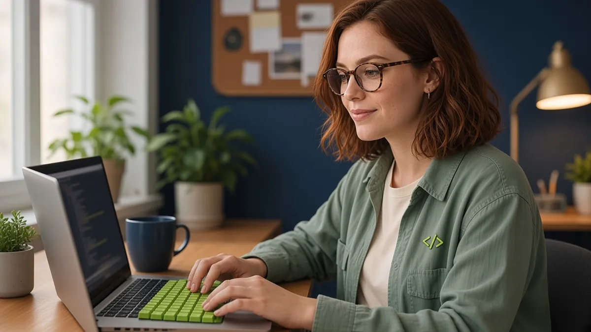 Laura coding at a wooden desk with a lime-green keycap keyboard