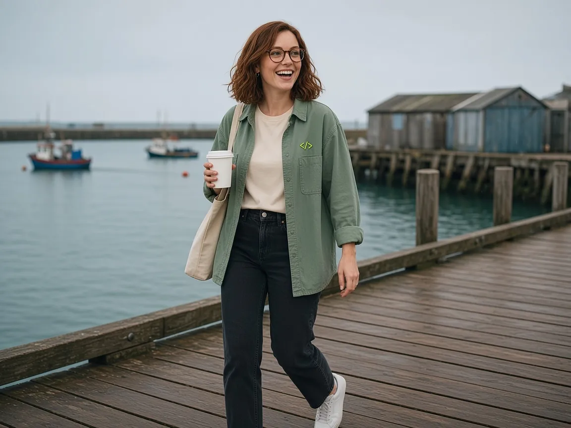 Laura walking on a rainy harbour boardwalk with a coffee