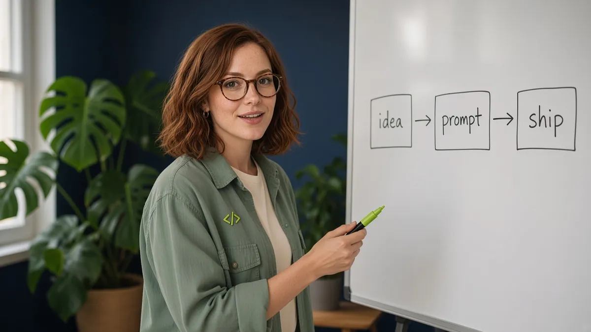 Laura at a whiteboard that reads idea, prompt, ship