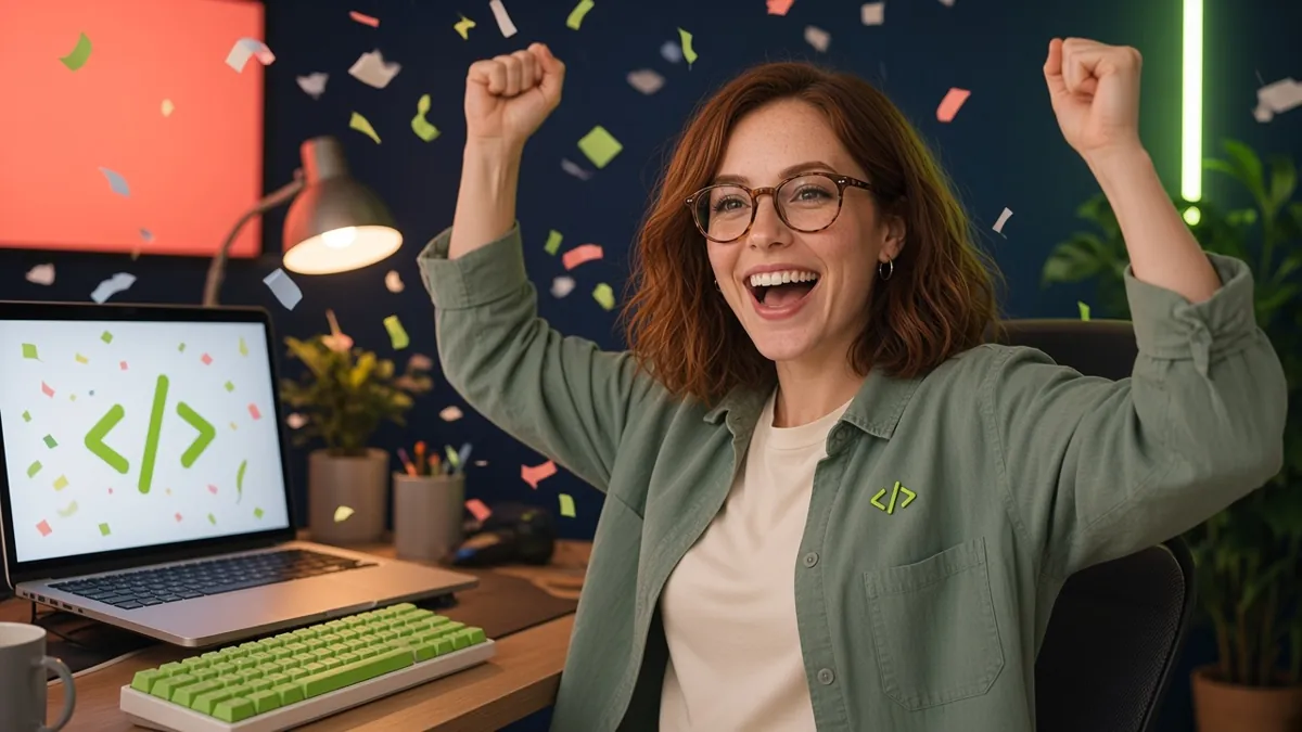 Laura celebrating a shipped app at her desk at night